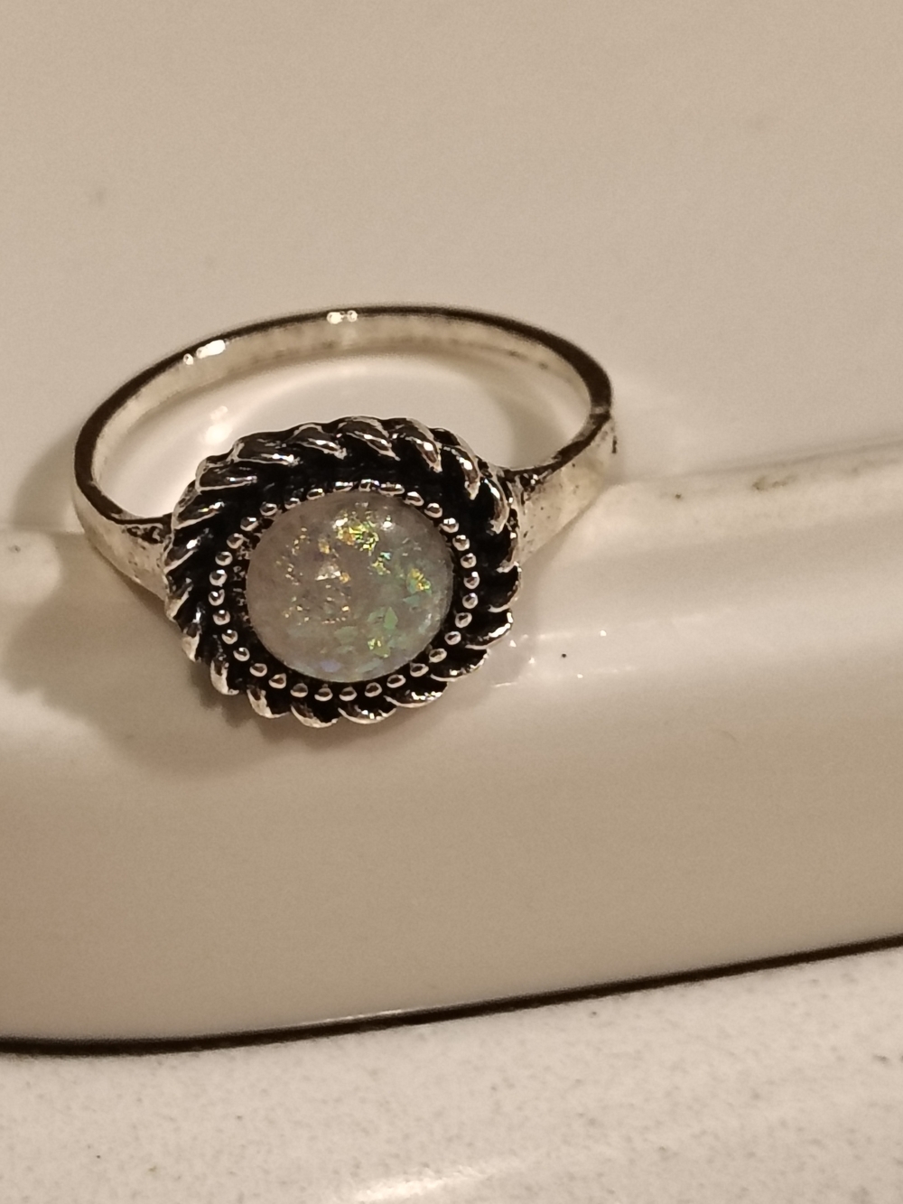 Sterling-Style Opal Round Rope-Edge Ring in Silver 5/6